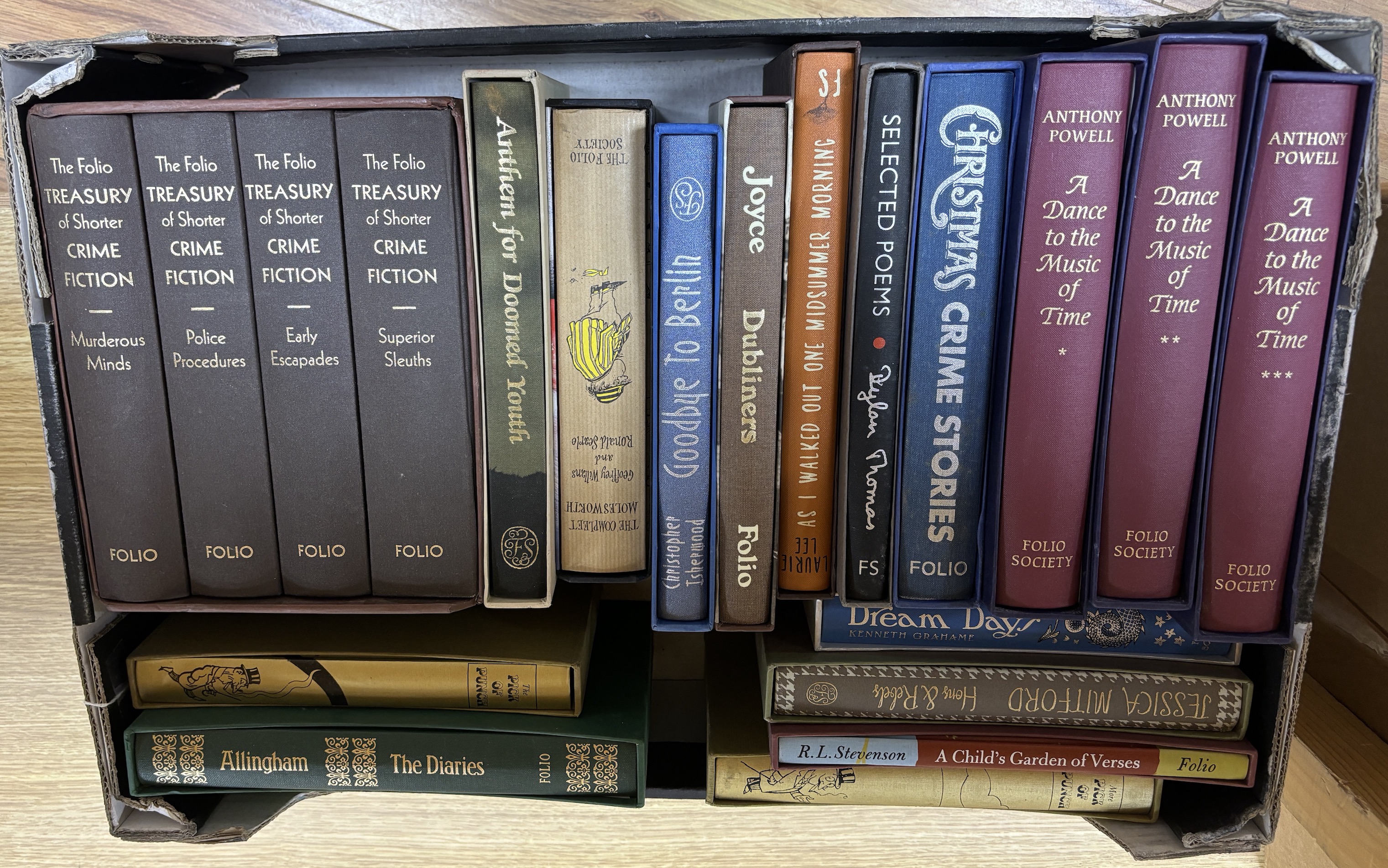 Collection of Folio Society books, Literary Selection including selected poems by Dylan Thomas, Treasury of Shorter Crime Fiction in four volumes and A Dance to the Music of Time by Anthony Powell in three volumes